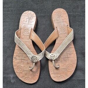 Tory Burch Sandals Womens US 7 M Thora Metallic Gold Thong Flat Sandals